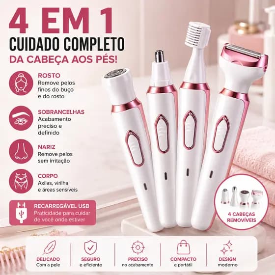 Aparador Feminino 4 Em 1 Recarregável Pelos Buço Rosto Virilha Pele Lisa Sem Cera Facial Corporal