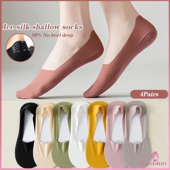 4 Pares Meias Femininas De Silicone Antiderrapante De Boca Rasa De AlgodãO InvisíVel Meias De Seda De Gelo InvisíVeis Ul