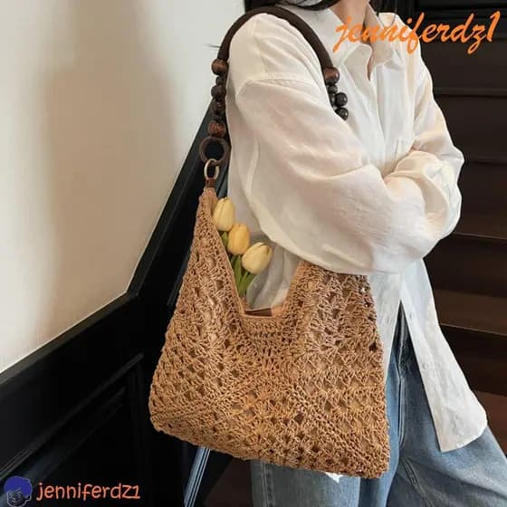 JENNIFERDZ1 Bolsa De Tecido De Palha , Sacola De Praia Boêmia De Grande Capacidade , Ombro Oca