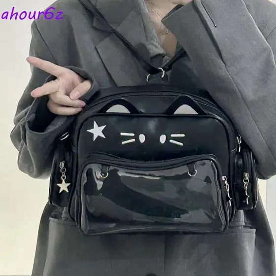 AHOURZ Cute Cat Itabag , JK Kawaii Preppy Style Bolsa De Bolso Transparente , Ombro Y2K De Couro PU De Armazenamento