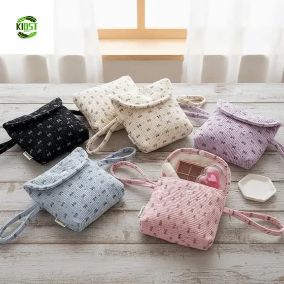 Bolsa De Maquiagem Com Laço De Veludo KIDST , Armazenamento De Guardanapo Sanitário Estilo Coreano De Grande Capacidade