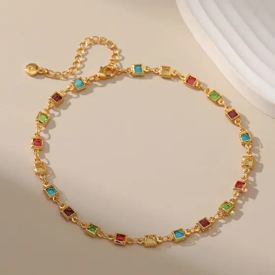 Joia de Pé Feita à Mão em Cobre Banhado a Ouro 18K, Tornozeleira de Acrílico Colorido com Borda Quadrada
