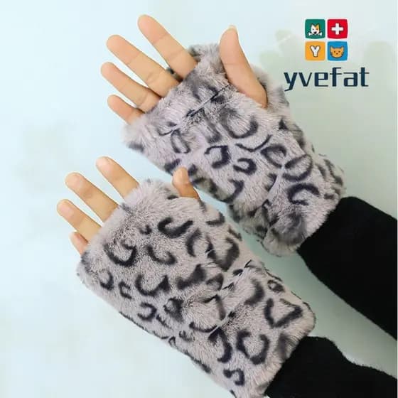 YVEFAT Luvas Quentes , Macias De Imitação De Cabelo De Coelho Com Estampa De Leopardo Térmicas Grossas De Inverno