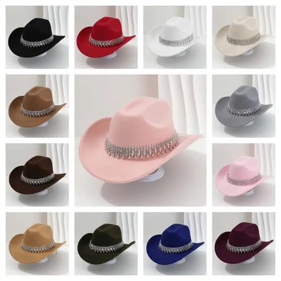 Chapéus De Cowboy Com Strass Brilhantes Para Mulheres , Aba Larga , Chapéu De Vaqueira Ocidental De Feltro Faixa De Diam