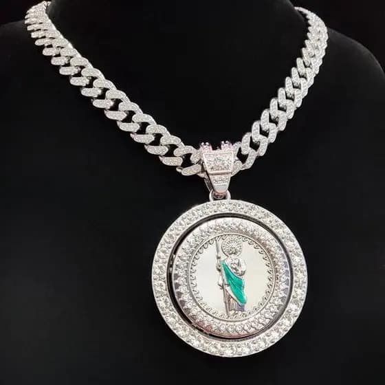 Novo Corrente Cravejada Rotação Religiosa St. Jude Idol Cubana Cadeia Virando Colar Ice Moda Jóias Acessórios Presentes
