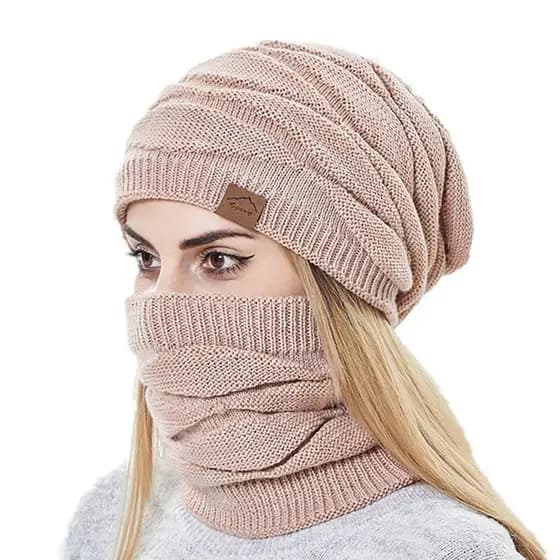 Inverno Gorro Chapéus Cachecol Conjunto Feminino Quente Malha Chapéu Crânio Boné Pescoço Mais Engrossar Pele Forrado Sen