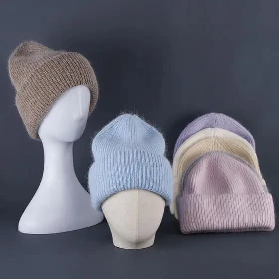 Gorros de Pele de Coelho Macios e Quentes para o Inverno para Mulheres, Gorro de Lã Angorá, Gorros Femininos, Boné de Tr