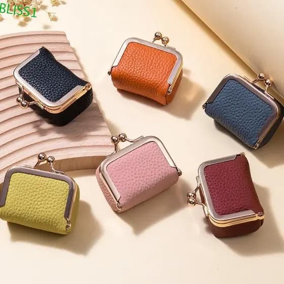 BLISS1 Porta-Moedas com Fecho Kiss Lock, Acessório Multifuncional em Couro PU, Mini Item de Cor Sólida