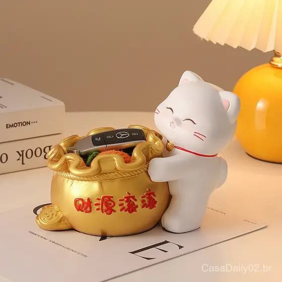 Ornamento decorativo criativo de estilo chinês com bolsa da sorte e gato da fortuna para mesa, organizador de entrada, p
