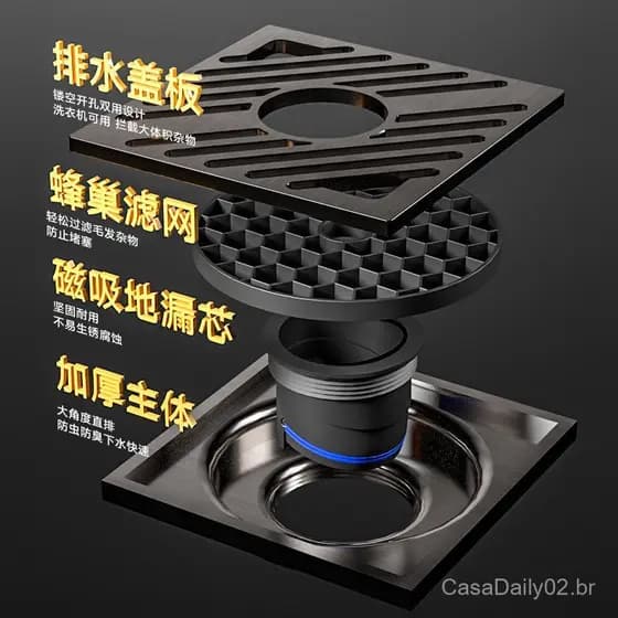 Ralo de piso em aço inoxidável para comércio exterior, anti-odor, reforçado com filtro, alta capacidade de drenagem, dup