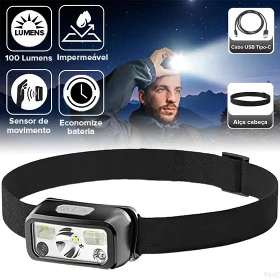 Lanterna de cabeça com sensor de movimento LED potente recarregável ajustável de 360° 5 modes