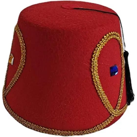 Chapéu Exótico Turco-Marroquino com Acabamento Dourado e Borlas Pretas, Chapéu Fez, Chapéu Temático Egípcio, Acessório d