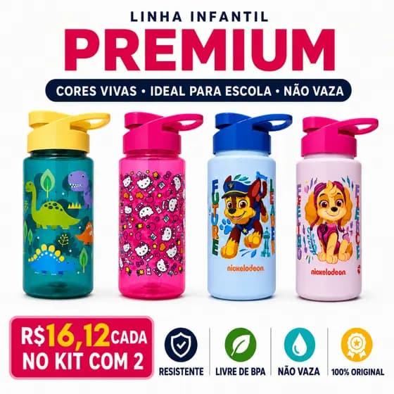 Garrafa de Água Infantil 500ml Squeeze Patrulha Canina Hello Kitty Dinossauro Garrafinha de Criança