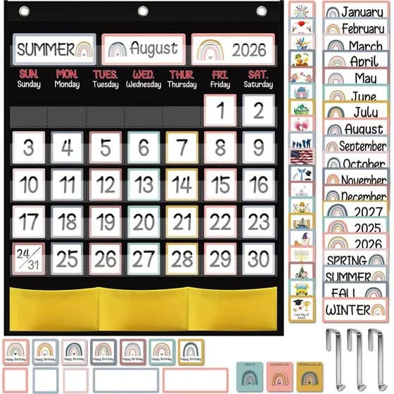Calendário de Bolso Preto para Sala de Aula com 89 Cartões para Estudantes e Crianças, Grande Calendário de Bolso para S