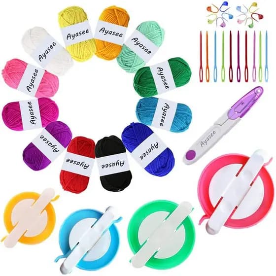 Kit de Fios para Fazer Pompons, 4 Peças de Máquina de Fazer Pompons + 12 Peças de Fio Acrílico + 10 Peças de Marcadores