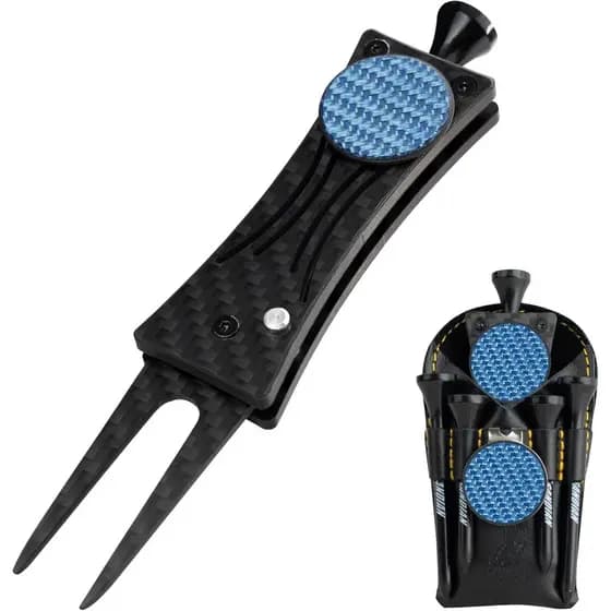 SANDIAN, Golf Divot Tool, Strong Super Light Carbon Fiber T800 Made Switchblade Foldable, Magnetic Ball Marker, Leather