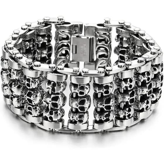 COOLSTEELANDBEYOND Pulseira Masculina de Elos com Crânios em Aço Inoxidável, Corrente Larga Estilo Biker, Joia Gótica Pu