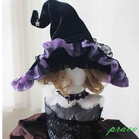 Chapéu De Bruxa Vintage De Halloween Para Mulheres , Com Pingente De Estrela De Renda Plissada Acessórios De Fantasia De