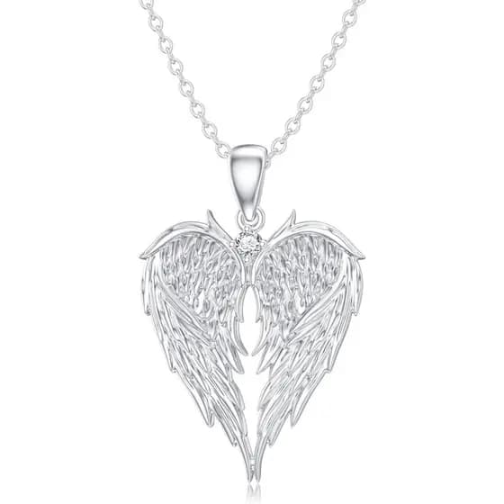 Colar de Asa de Anjo com Diamante para Mulheres, Colar com Pingente de Asa de Anjo em Forma de Coração em Prata Esterlin