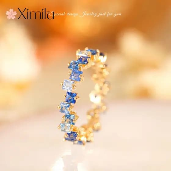 ♥Arco-íris jóias série doces pequeno quadrado azul cristal anel feminino linha anel jóias de casamento