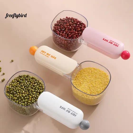 Dopamine Color Kitchen Tool Rice Scooping Spoon with Clip Measuring Scoop Sealing – Food-grade Plastic Grain Flour for
