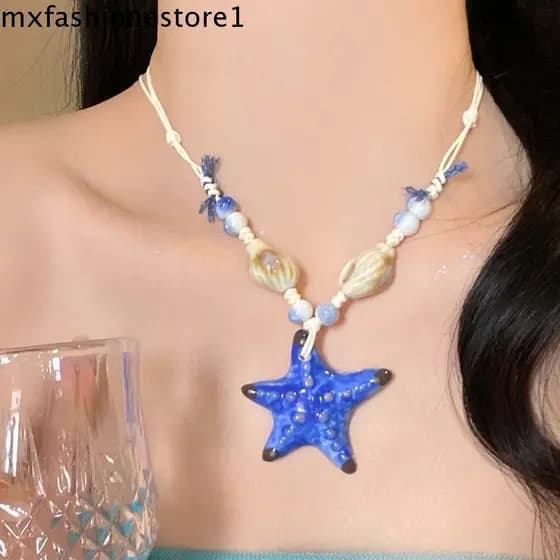 MXFASHIONE Corrente De Clavícula Estrela Do Mar Azul , Joia Brilhante Colar De Contas Empilhadas De Alta Qualidade , Fei