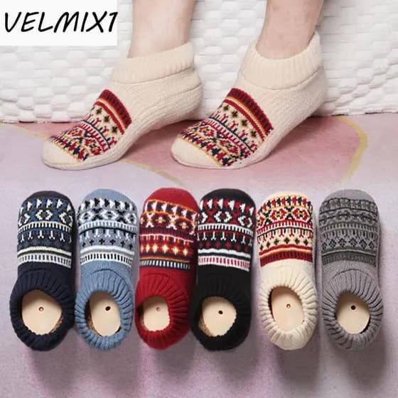 VELMIX1 Sapatos De Tornozelo De Inverno , Meias De Dormir Unissex De Pelúcia Listrada Internas Antiderrapantes Lã Coral