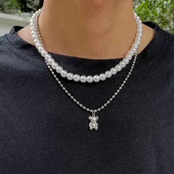 Colar de pérolas + corrente de prata com pingente de urso brilhante, colar de moda de alta qualidade estilo Hip-Hop