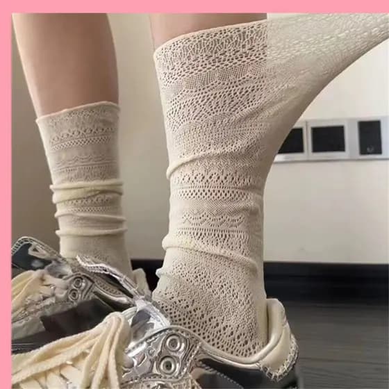 DORA Meias De Renda , Finas De Nylon Branco , Malha Escavada Retrô Flor Seda Tripulação Femininas Senhoras