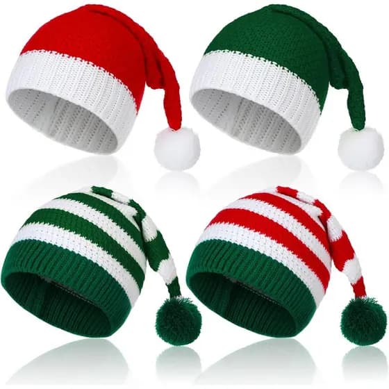 Funtery 4 Peças de Gorros de Malha de Papai Noel e Elfo para Adultos, Gorro de Natal de Malha para Mulheres e Homens