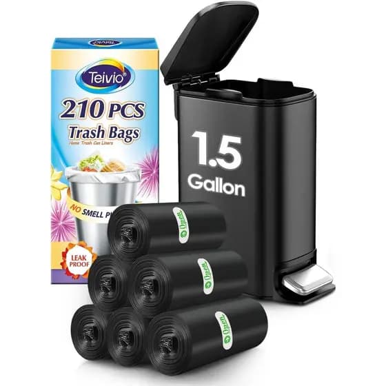 Teivio 1.5 Gallon(Fit 1.5-1.6 Gal)210 Counts Strong Trash Bags 1.5 Gallon 1.6 Gallon Garbage Bags, Bathroom Trash Can Bi