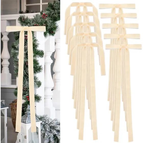 10 Laços Longos de Veludo Cor Champanhe para Árvore de Natal, Enfeites de Laço Longo para Árvore de Natal, Guirlanda de