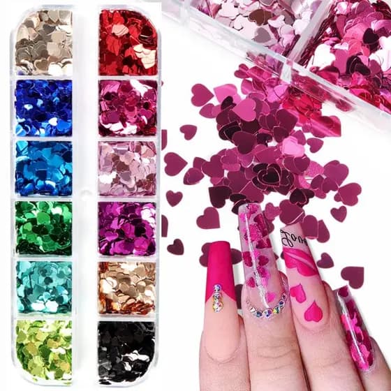 Adesivos de Unhas em Forma de Coração 3D, Decalques Brilhantes, Lantejoulas Holográficas para Unhas, Flocos Brilhantes p