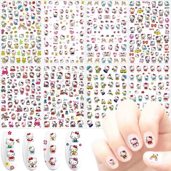 8 Folhas de Adesivos de Unhas Fofos, Decalques de Unhas 3D com Gato de Desenho Animado, Adesivos de Unhas Autoadesivos p