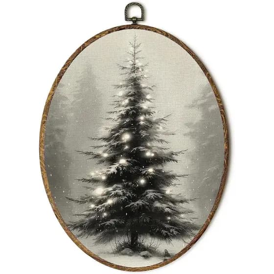 EGVQK Arte de Parede Oval Vintage com Árvore de Natal, Impressões em Tela Emolduradas com Árvore de Inverno Rústica, Dec