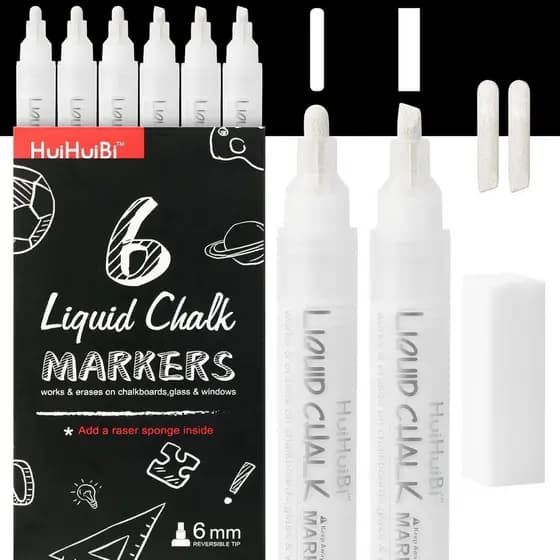 Marcadores de Giz Líquido, Conjunto de 6 Marcadores de Giz Branco para Quadro Negro, Marcadores Brancos de Apagar a Seco