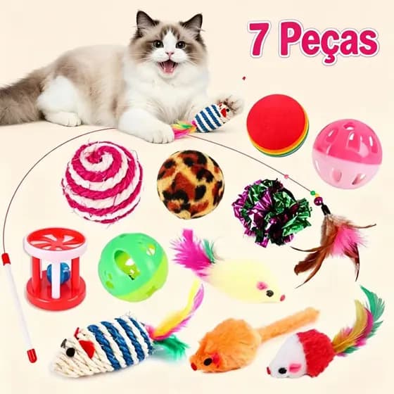 Kit Brinquedos para Gatos Ratinho Bolinha Varinha Gatinho Diversão Solo Acessórios Interativos Jogos