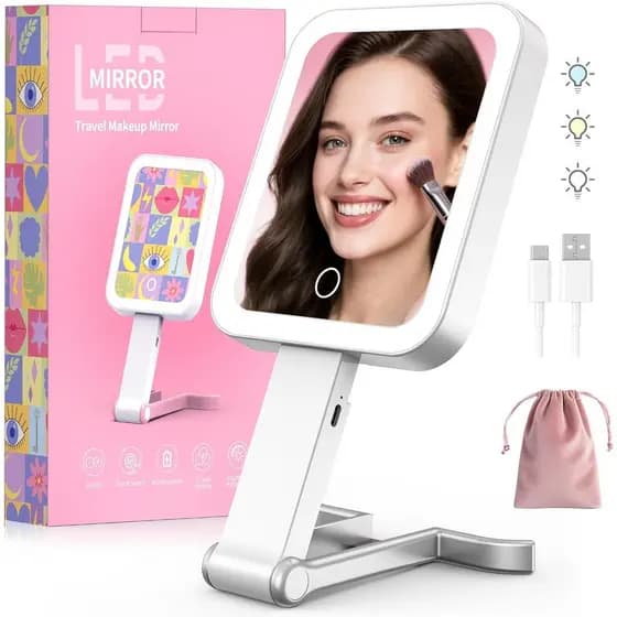Espelho de Maquiagem Portátil com Luzes, Espelho de Beleza LED com Ampliação Dupla 10X/1X, Recarregável, Espelho de Maqu