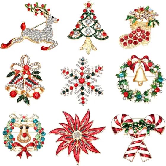 Conjunto de 9 Broches de Natal para Mulheres com Strass e Esmalte, Motivos de Árvore de Natal, Guirlanda, Floco de Neve