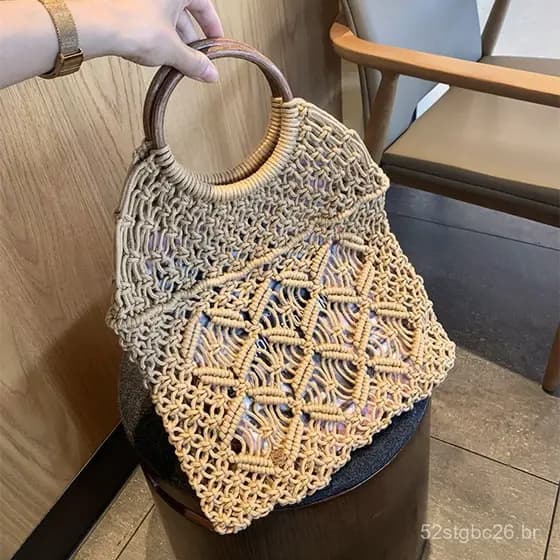 Nova Bolsa de Verão 2023, Tendência Ins, Bolsa Oca Tecida à Mão, Bolsa de Palha Estilo Floresta, Bolsa de Praia de Malha