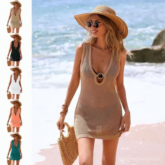Vestido de praia com padrão de ondas e design vazado, saída de praia com decote em V profundo.