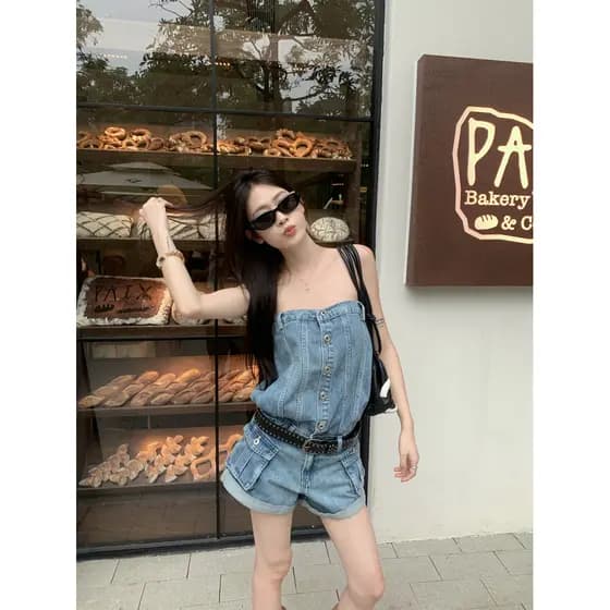 Americano Retro quente menina sem mangas tubo superior Denim macacão feminino verão chique macacão mais magro olhar azul