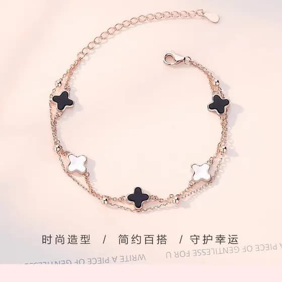 Pulseira Feminina Trevo de Quatro Folhas da Sorte e Cinco Flores, Estilo Coreano Simples, de Ágata, Ouro Rosê de Camada