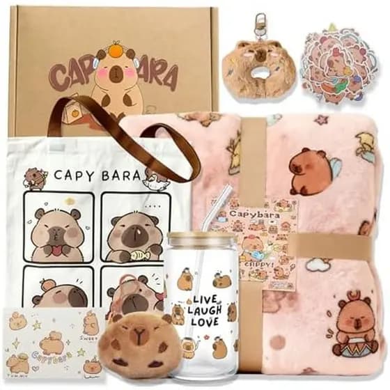 Conjunto De Presente De Capivara Com Cobertor Grande , Copo De Vidro De 16 Onças , Sacola , Carteira S , Chaveiro , Ades