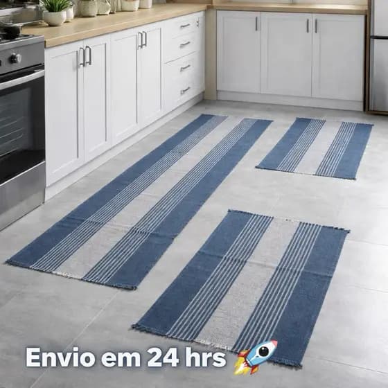 Jogo de Tapete e Passadeira Cozinha com 3 Peças Várias Cores Liso Listrado