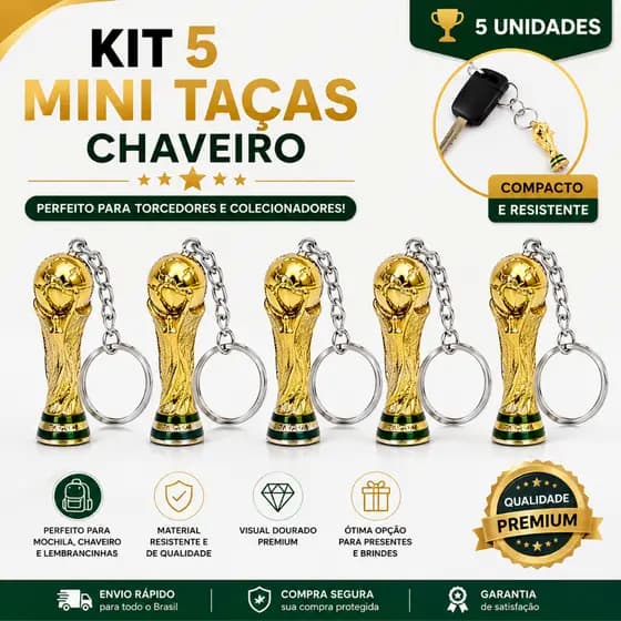 Kit - 5 Mini Taças Chaveiro Copa Dourada | Lembrancinha Torcedor Futebol