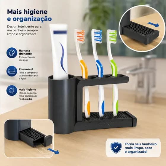 Porta Escovas de Dente com Suporte para Pasta | Organizador de Banheiro com Bandeja Coletora | Suporte para 3 Escovas