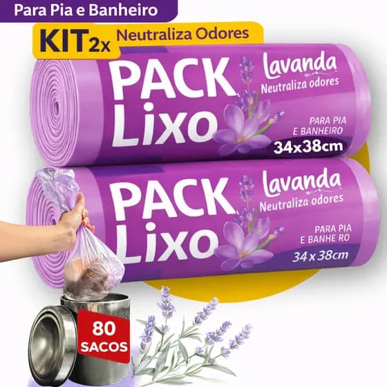 Sacos de Lixo Perfumados Lavanda Kit 80 Sacos Para Pia e Banheiro 34x38cm Neutraliza Odores