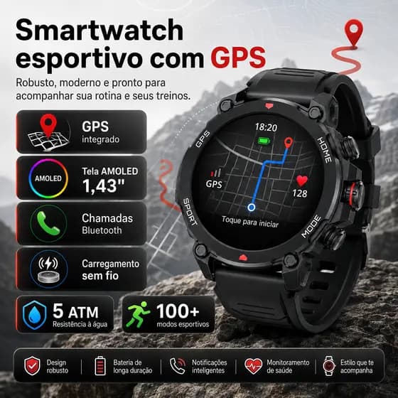 Smartwatch HEYPLUS G6 com GPS, 100 Modos Esportivos, Tela AMOLED e 5ATM Impermeável – Perfeito para Esportes e Uso Diári