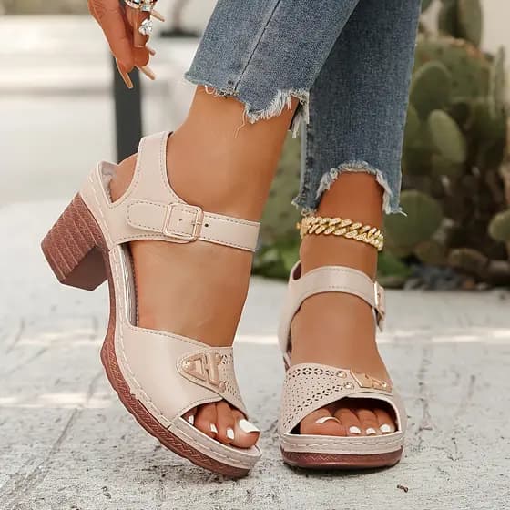 Sandálias Femininas Elegantes De Salto Grosso Azul Claro – Design Oco Respirável Aberto , Sapatos Médio Sintético Com Pa
